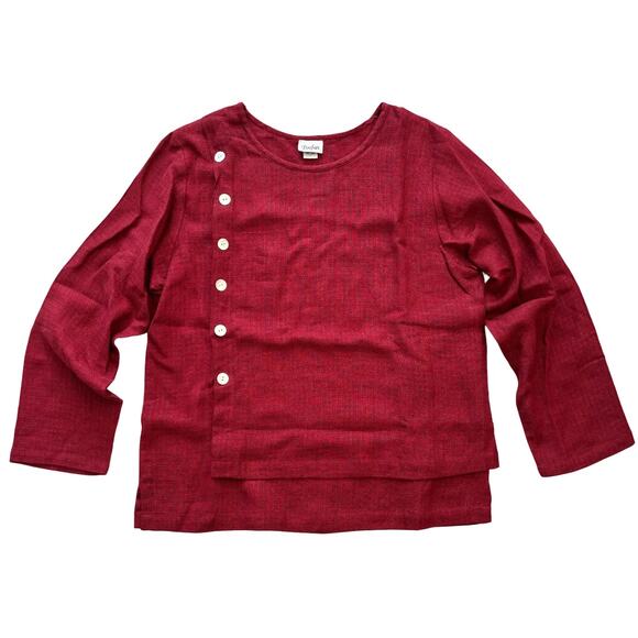 NEW TOOFAN 100% Linen Asymmetric Button Long Sleeve Layered Tunic  Maroon  SZ XL - Picture 1 of 9